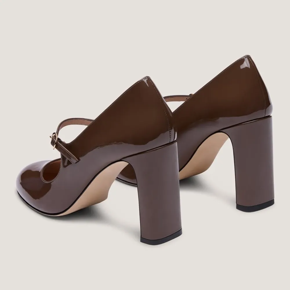 Brown Patent Leather Buckle Strap Round Toe Block Heeled Mary Janes