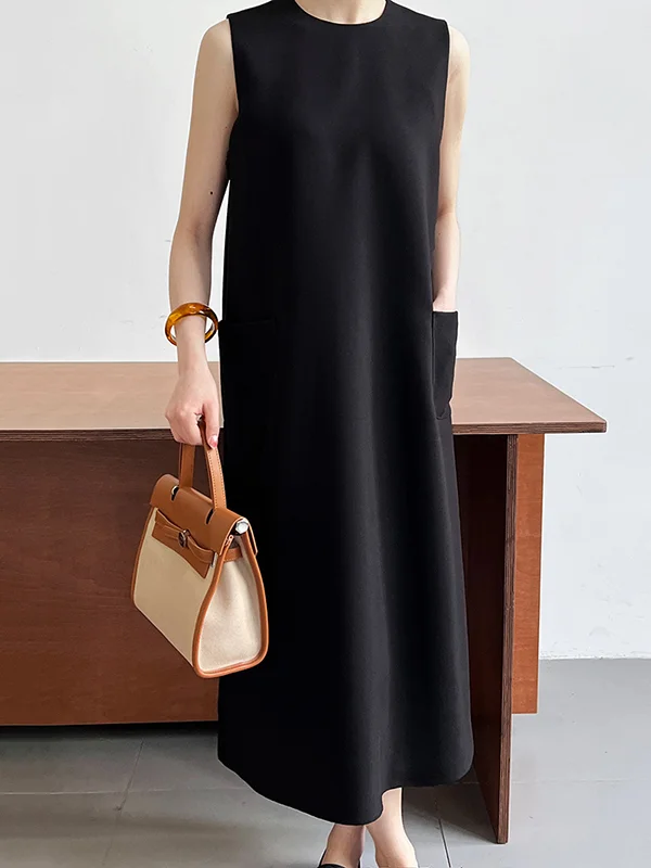 Solid Color Sleeveless Loose Round-Neck Midi Dresses