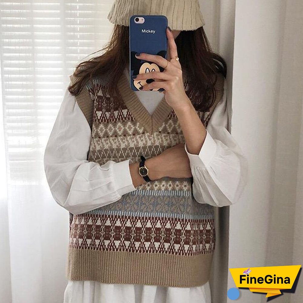 Vintage Harajuku V-Neck Women Sweater Vests Fall Fashion Loose Sleeveless Y2k Waistcoat Casual Korean Chic Sweater Tanks