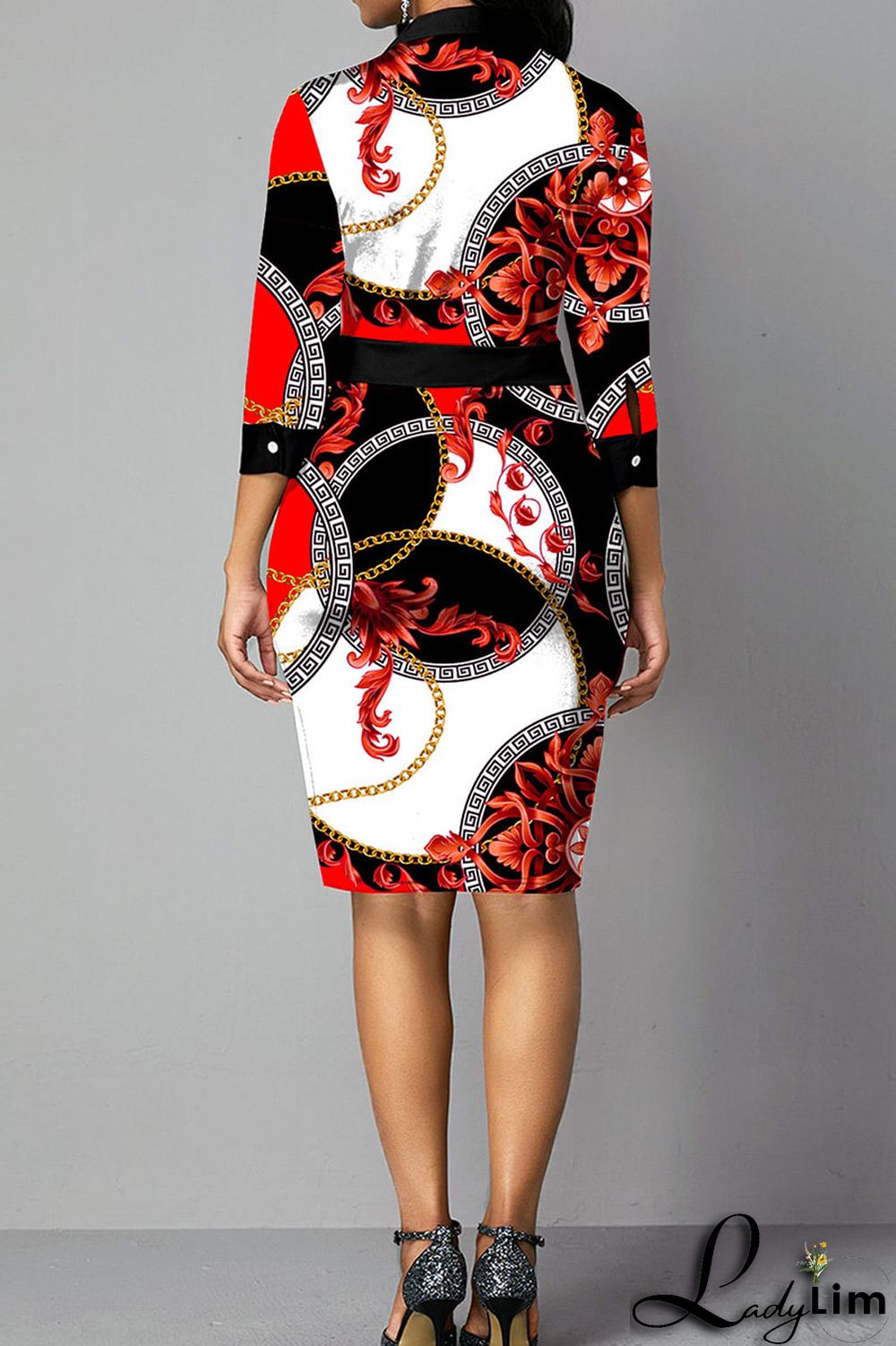 Multicolor Casual Elegant Print Patchwork Buttons Turndown Collar One Step Skirt Dresses