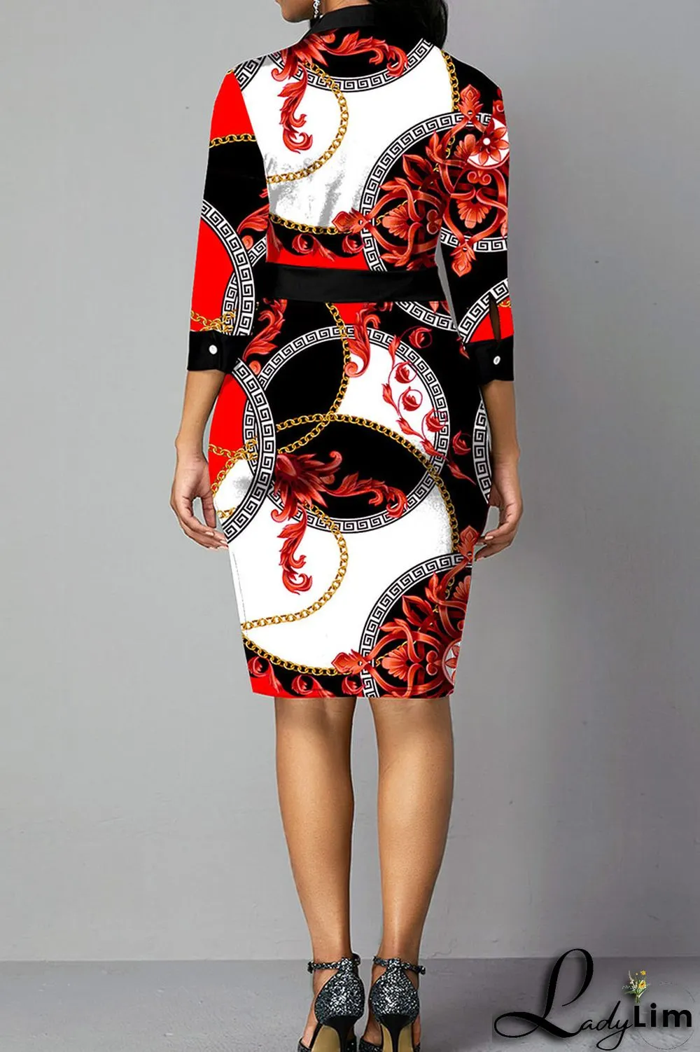 Multicolor Casual Elegant Print Patchwork Buttons Turndown Collar One Step Skirt Dresses