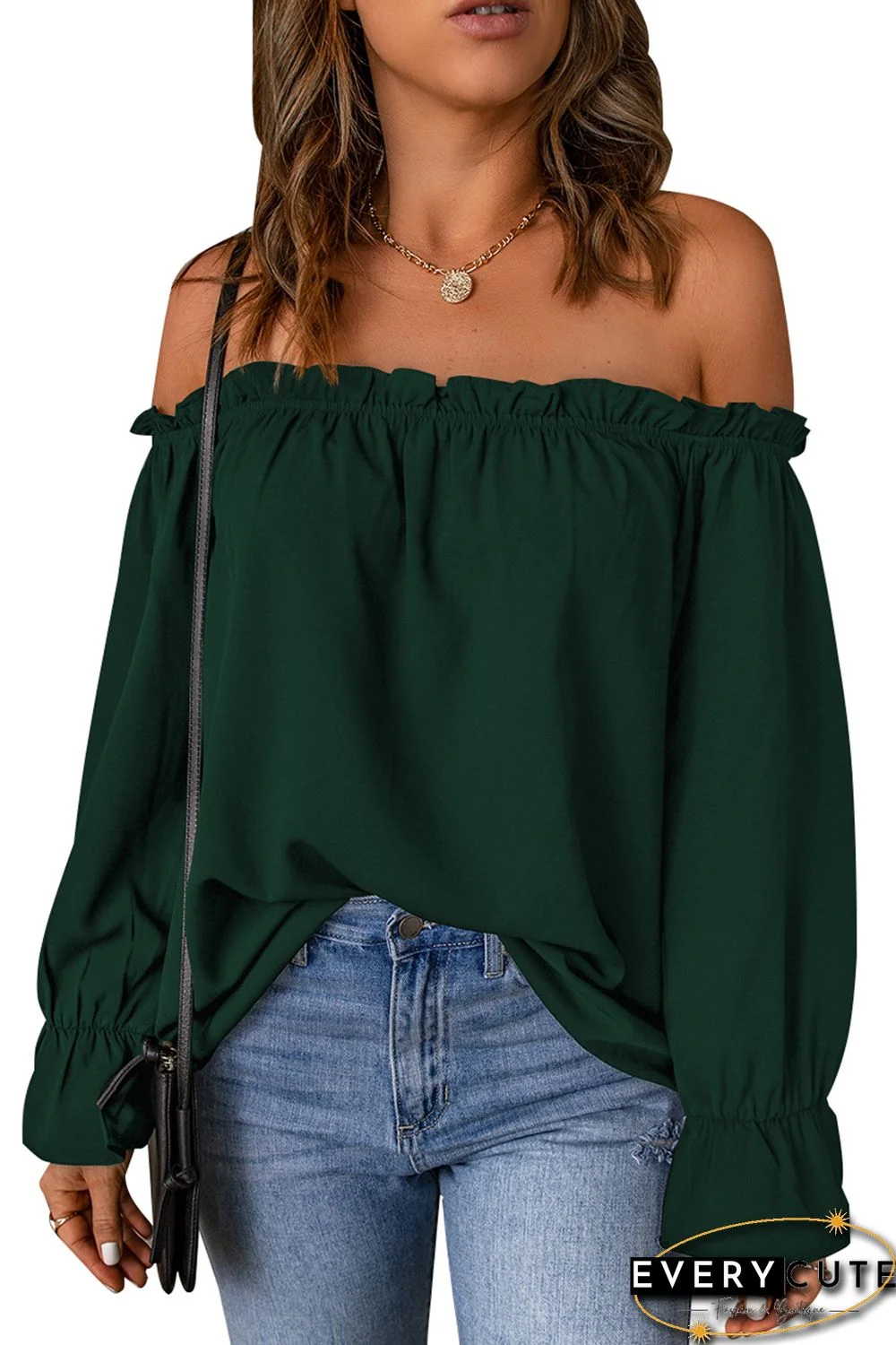 Green Frilled Off-shoulder Neckline Loose Blouse