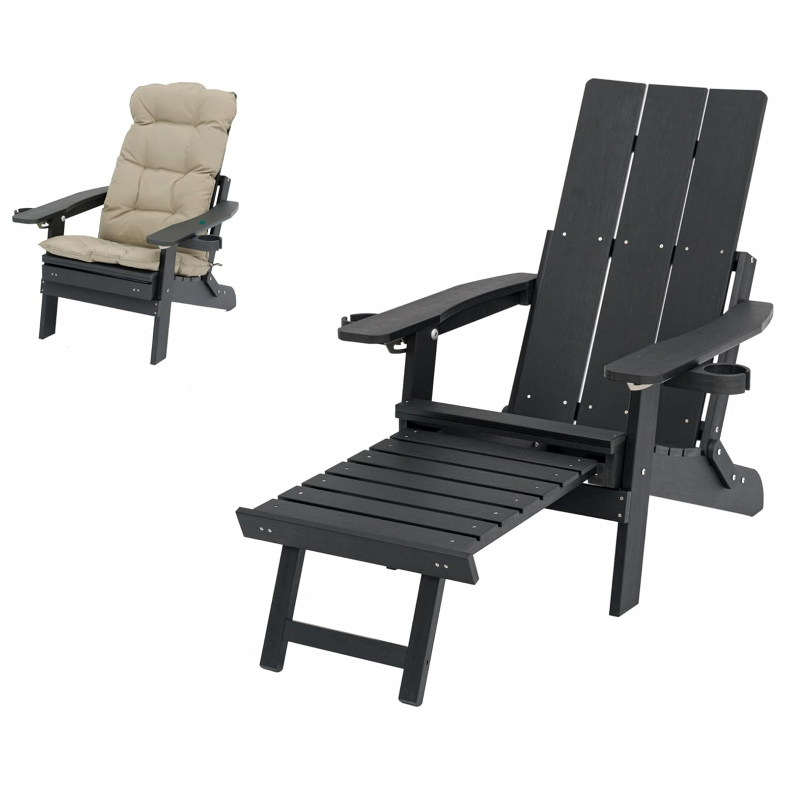 Outdoor Black Polywood Folding Adirondack Chair with Cup Holder