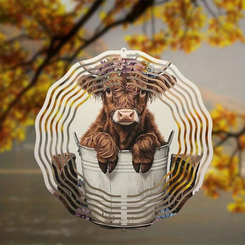 Tegooe Tegooe 2D Metal Highland Cow Wind Chime Spinner - Floral Print Art