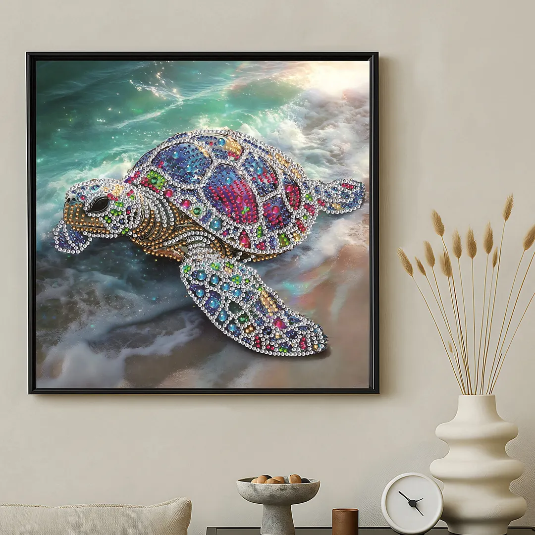 Beach Shimmering Beaded Turtle Special Shaped 5D DIY Partial Drill Diamond Painting Kits for Adults Beginners Home Decor Diamonds Dots Gem Art Kits 11.81 X11.81inch