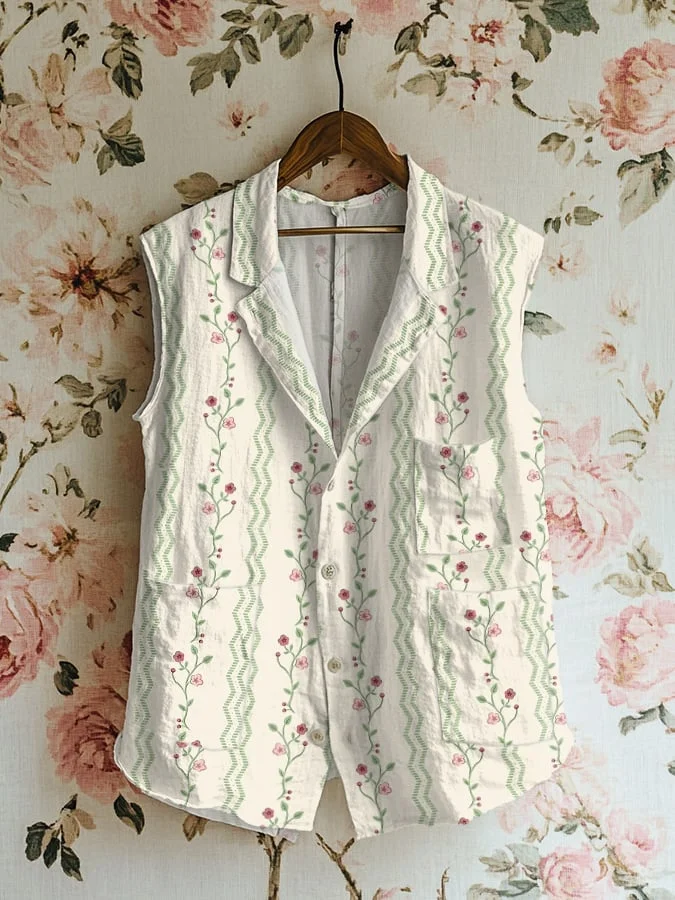 Women's Casual Cotton and Linen Floral Vintage Vest 