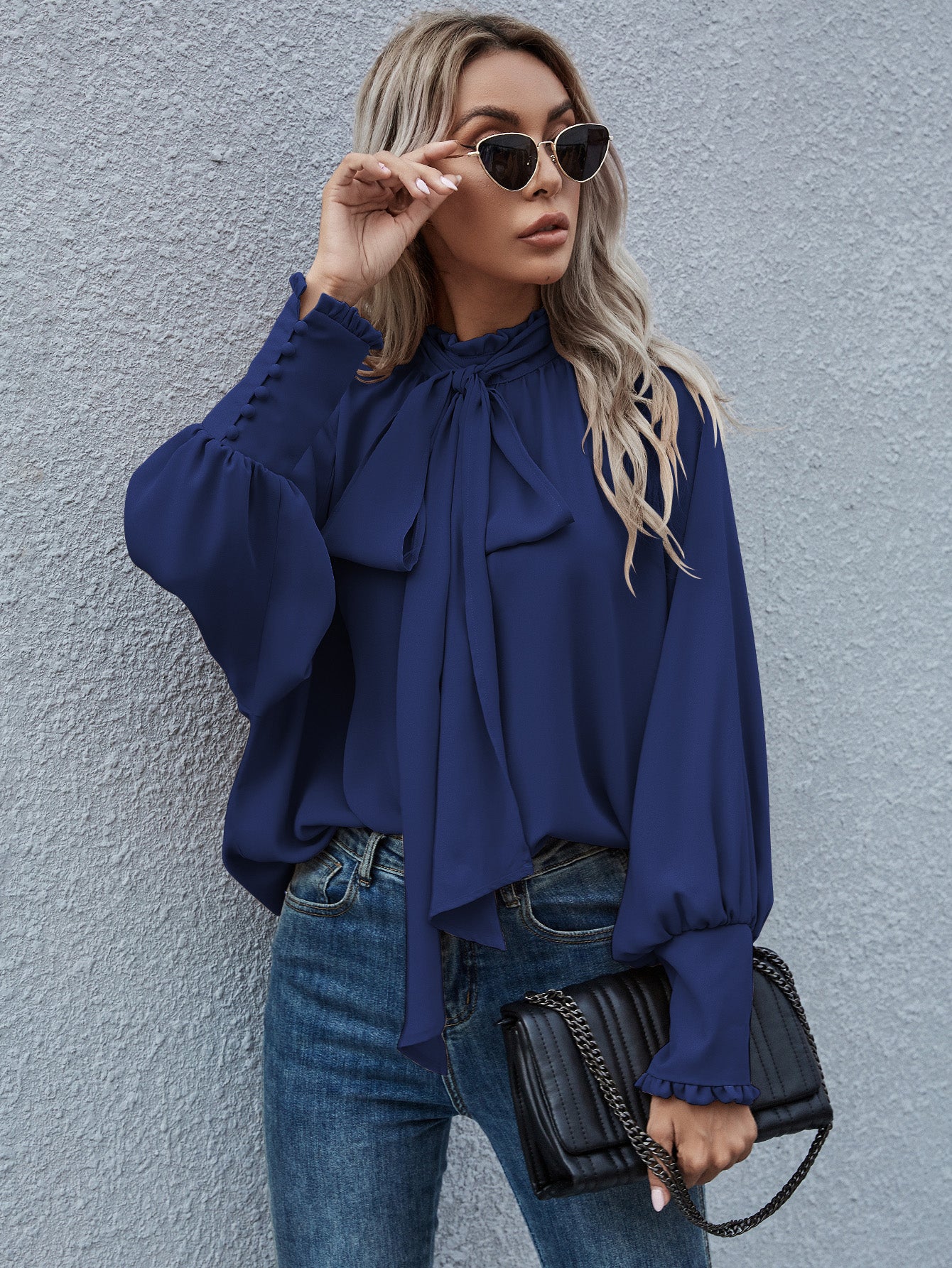 LLYGE 2024 Autumn New Fall Outfits Mock Neck Lantern Sleeve Tie Front Blouse llyge