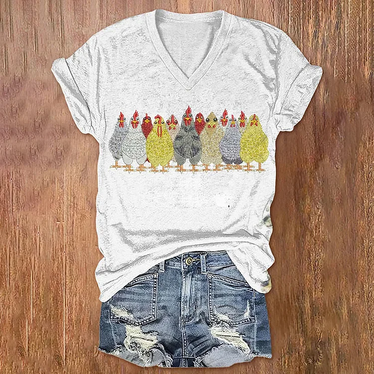 Comstylish Poor Chicken Embroidery Pattern Short Sleeve V Neck Tee