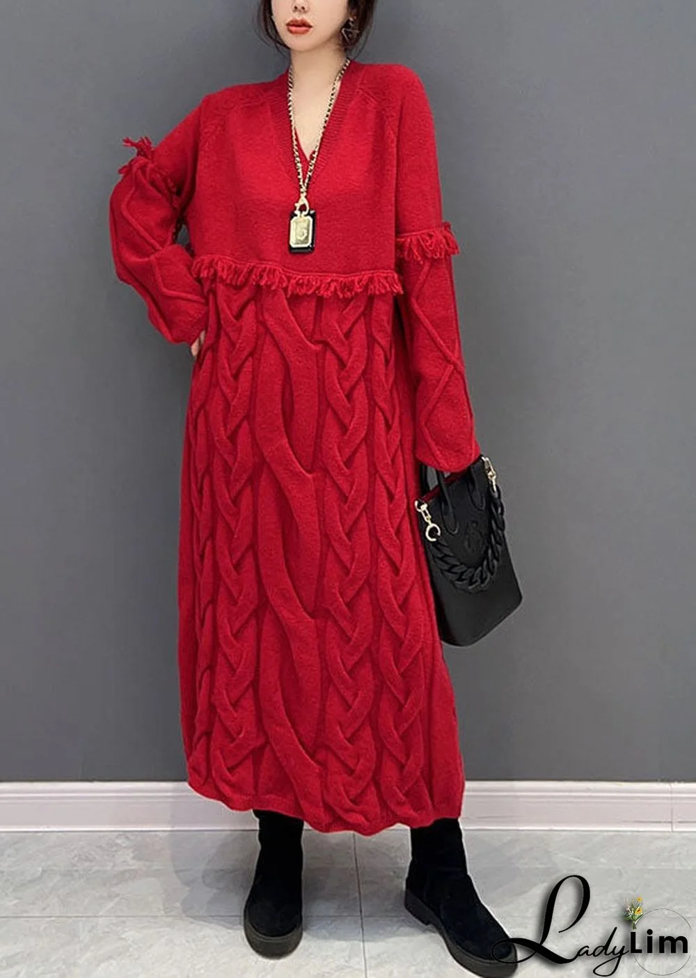 Women Red V Neck Patchwork Tassel Knit Loose Sweater Dress Winter