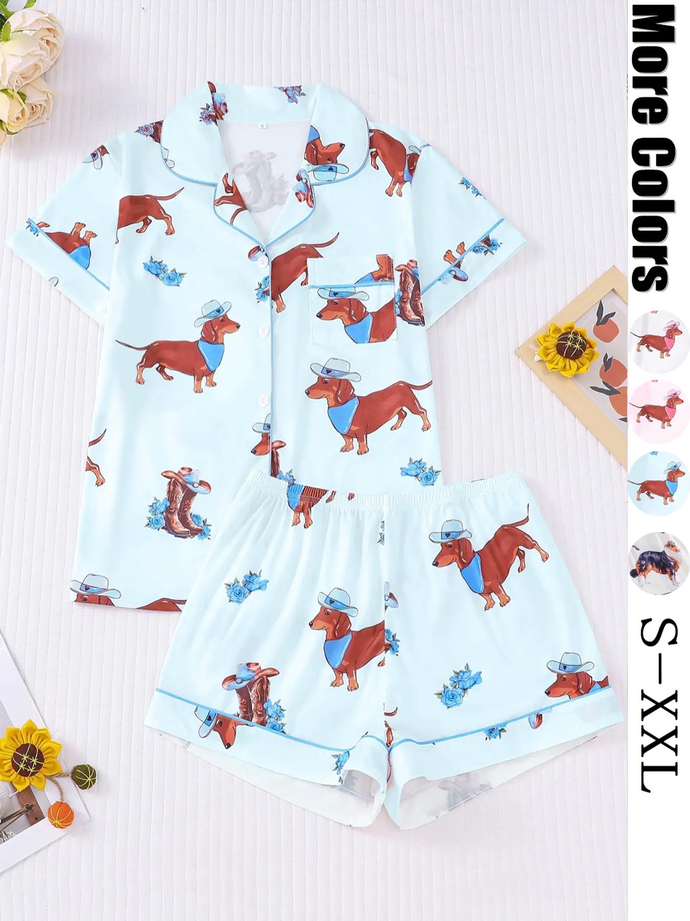 Women's All Over Dachshund Print Shirt & Elastic Waist Shorts Pyjama Two-piece Set, Matching Pj Set, Casual Comfy Short Sleeve Collared Top & Shorts PJ Set, Ladies Sleepwear for All Seasons, Loungewear, Sleep Pajamas Shorts