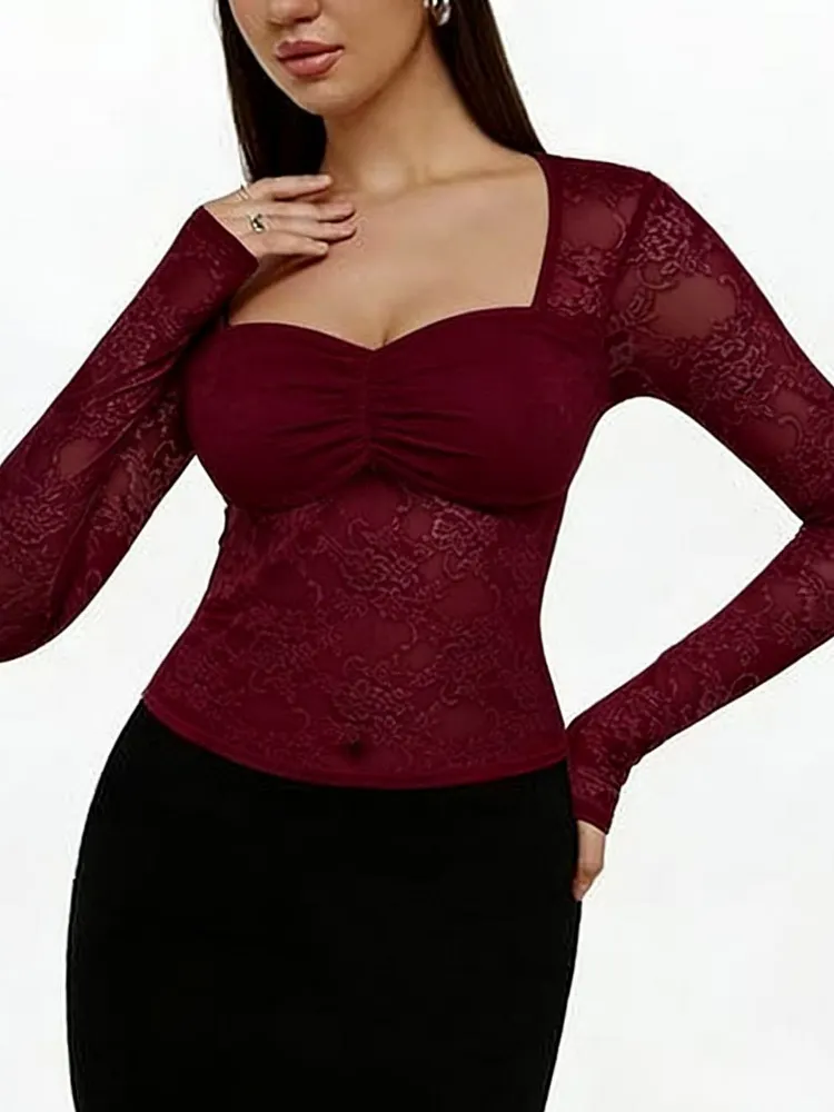 Lace See-through Square Neckline And Fitted Waist Long-sleeved T-shirt