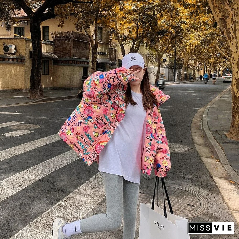 Winter Oversize Cartoon Print Padded Coats Women Korean Fashion Short Hooded Parka Female Casual Warm Down Jacket Harajuku