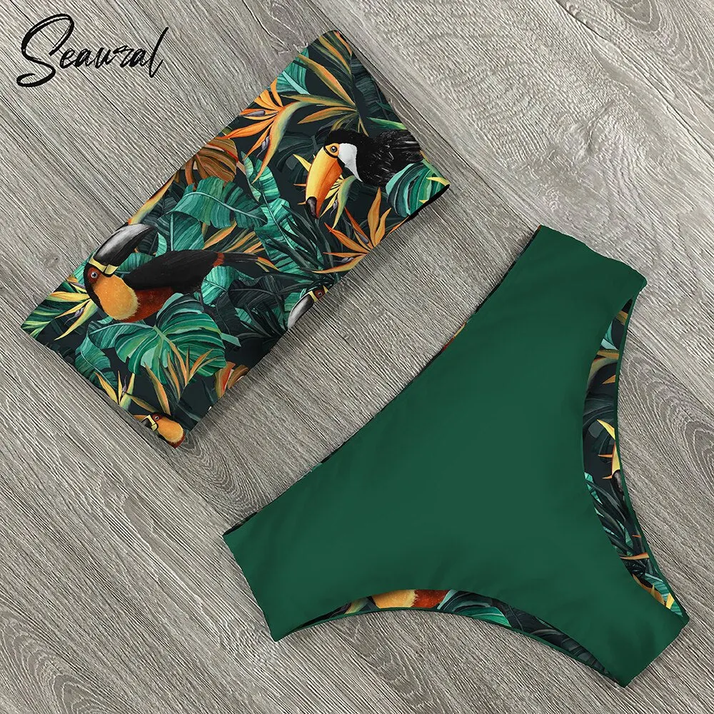 2020 New Sexy Low Hight Bikini Set Swimwear Women Bandeau Female Print Floral Strappy Swimsuit Bathing Suit Beach Wear Biquini