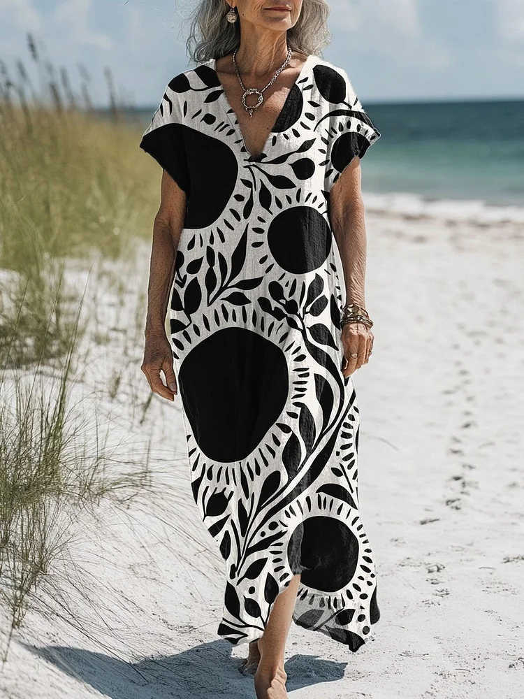 Women's Vintage Art Print Pocket Cotton Dress
