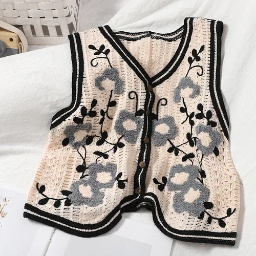 Vests Women Chic Sweet Retro Single Breasted V-neck Ladies Cropped Outwear All-match Hollow Out Design Floral Female Clothing