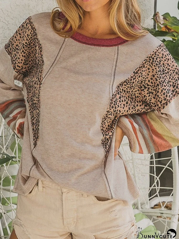 Khaki Leopard Serape Patchwork Stitched Pullover Blouse