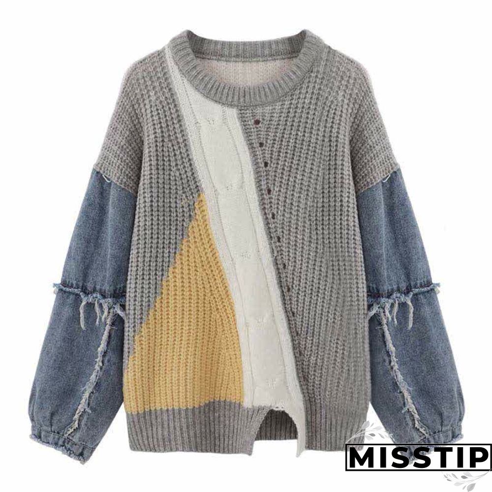 Denim Sleeve Colorblock Loose Round Collar Sweater