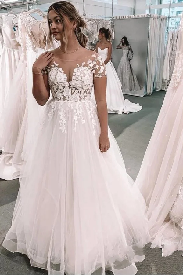 Daisda Elegant A-Line Bateau Short Sleeves Floor-length Tulle Wedding Dress With Appliques Lace