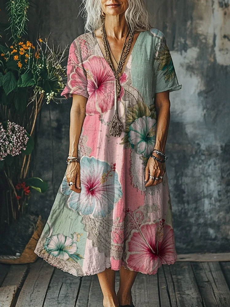Women's Vintage Flower Art Print Pocket Cotton Dress