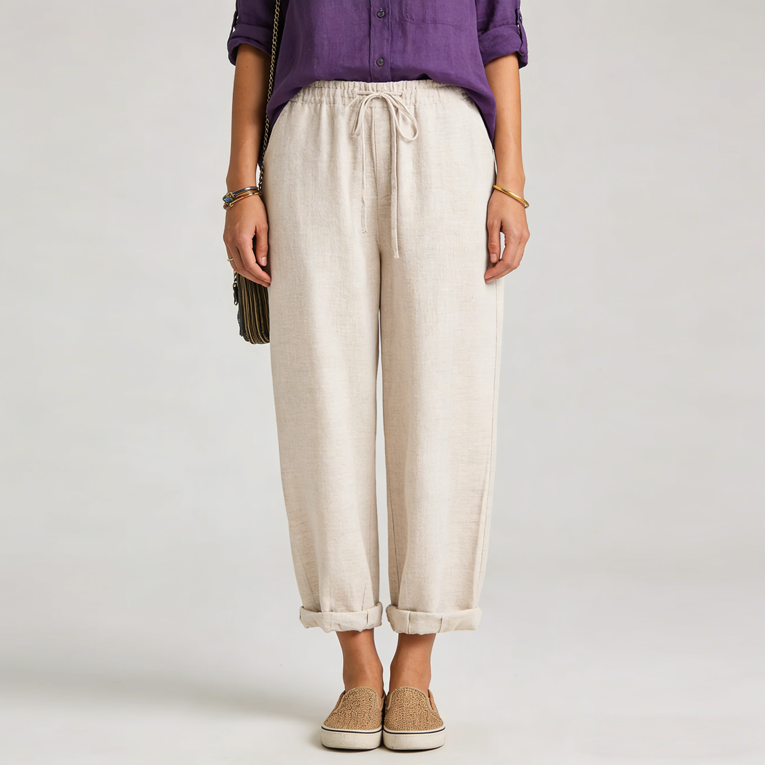 Linen Pants Women 100% Linen Cropped Drawstring Trousers REAL SILK LIFE
