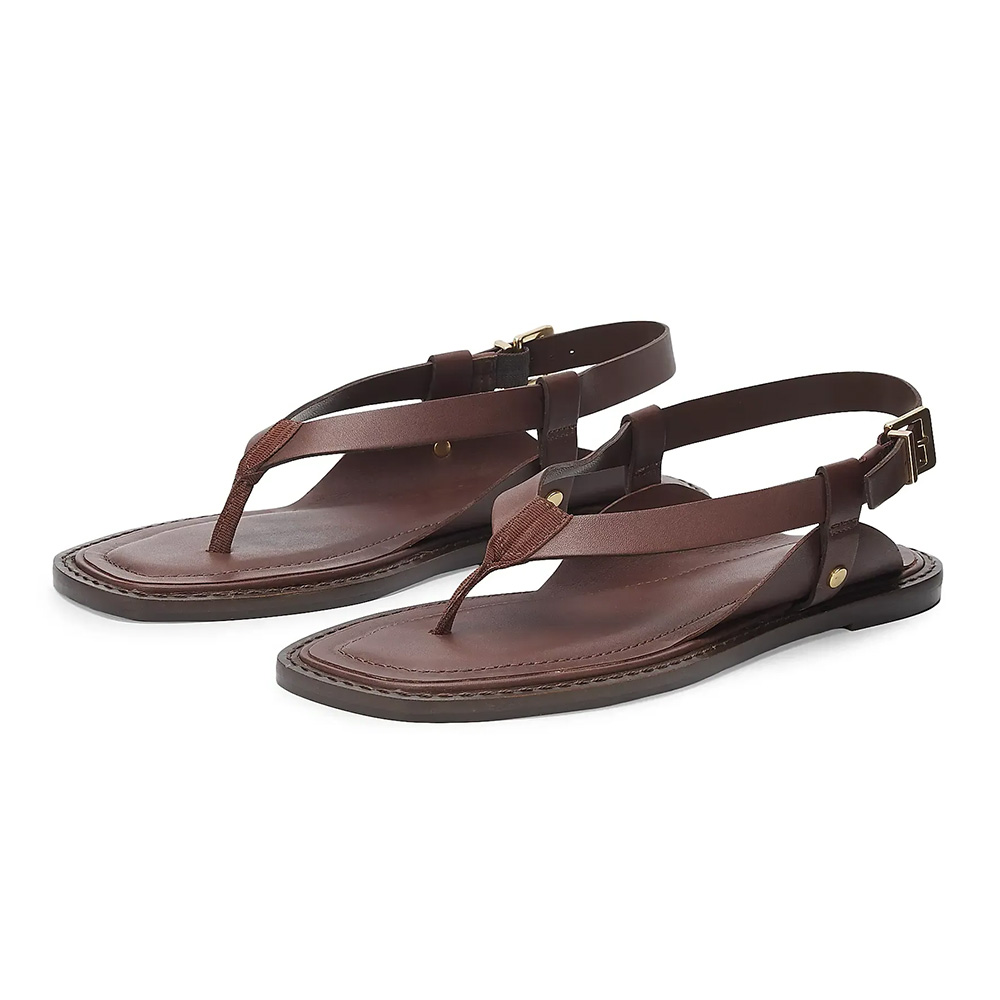 Brown Vegan Leather Open Toe Flip Flop Buckled Flat Sandals for Women Nicepairs
