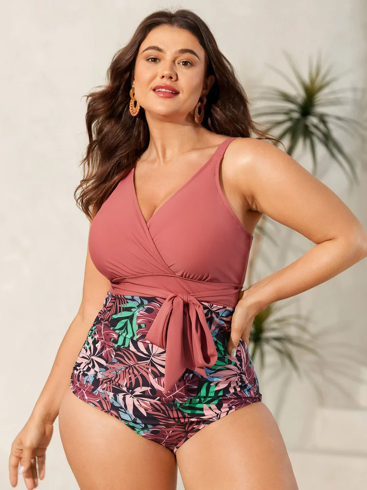 Tropical Print Contrast One-Piece Swimsuit