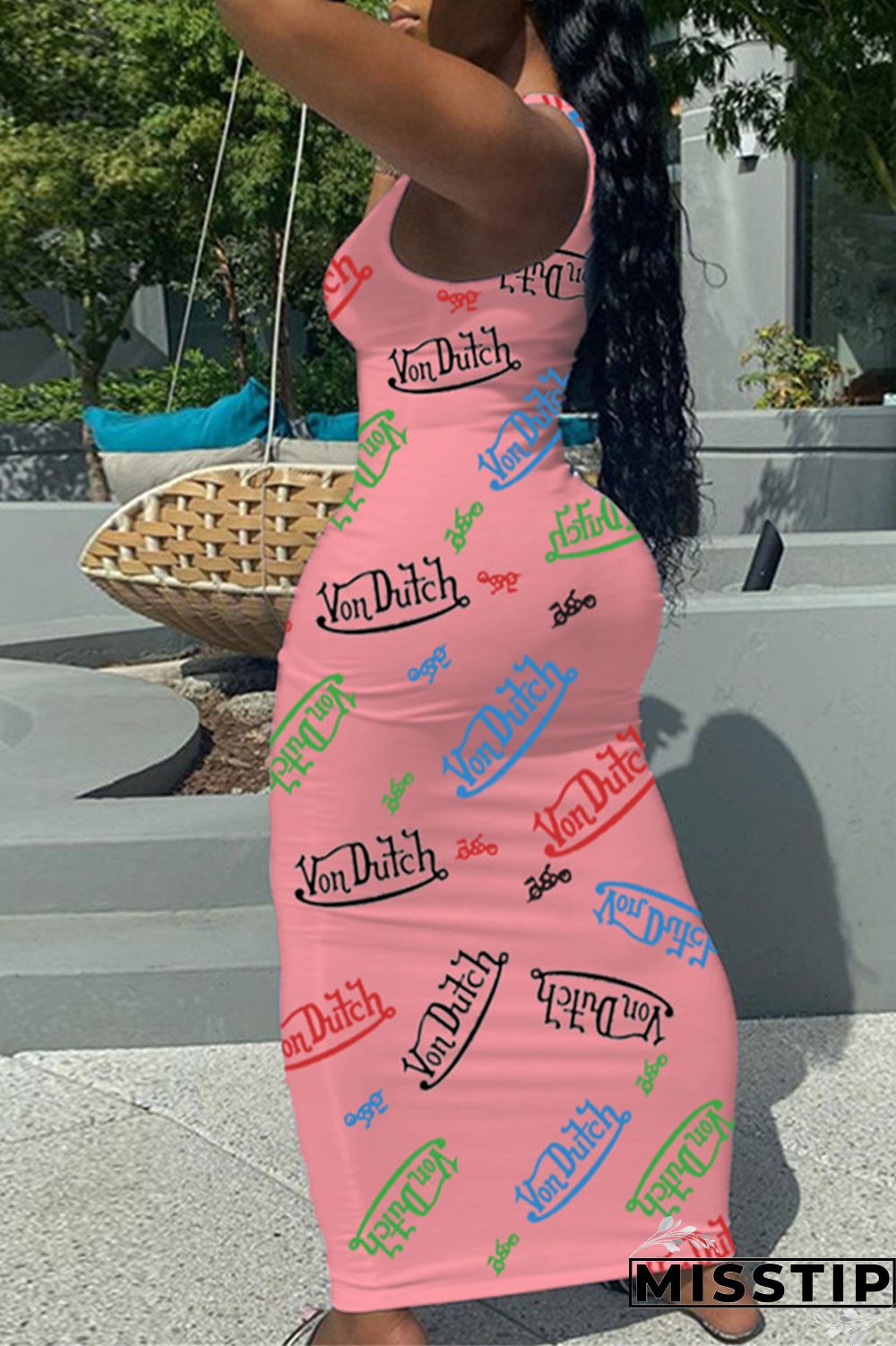 Pink Sexy Casual Letter Print Basic U Neck Vest Dress