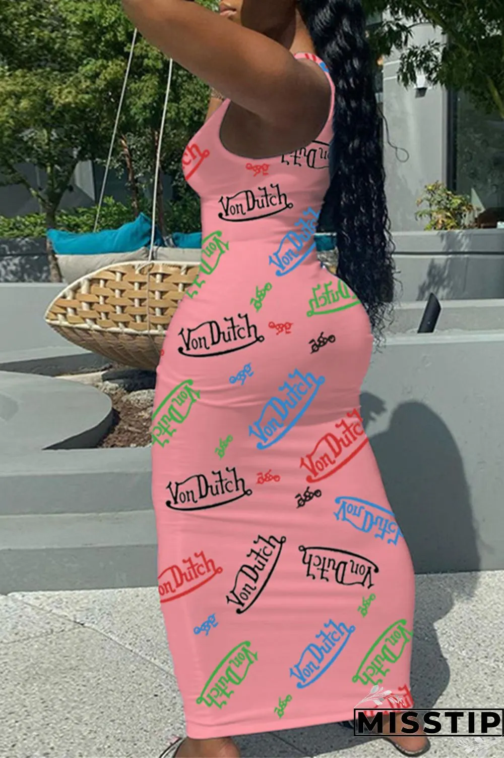 Pink Sexy Casual Letter Print Basic U Neck Vest Dress