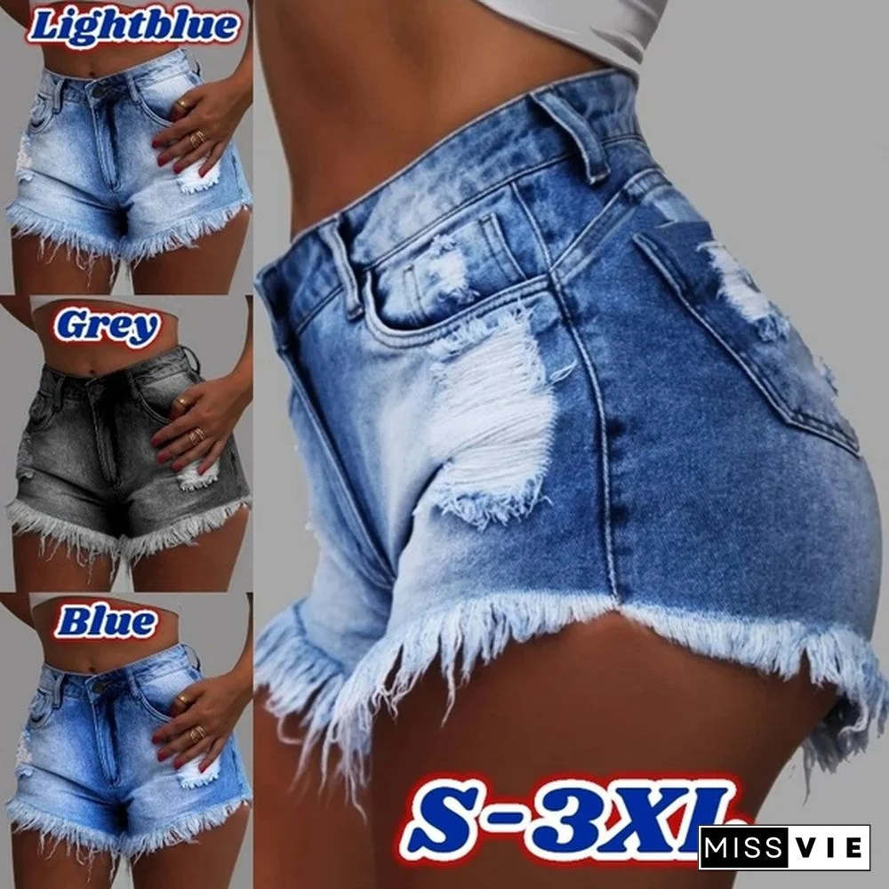 Women's Fashion Washed Denim Girls Casual High Waisted Short Mini Jeans Ripped Jeans Shorts Hot Pants Washed Denim Short Plus Size S-3XL