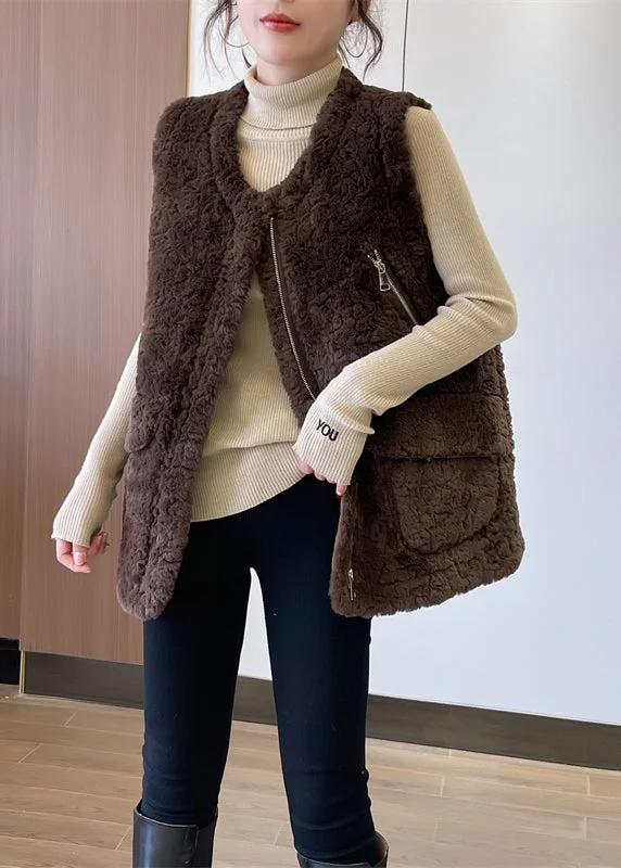 Chocolate Thick Faux Fur Teddy Vests Zip Up Pockets Winter