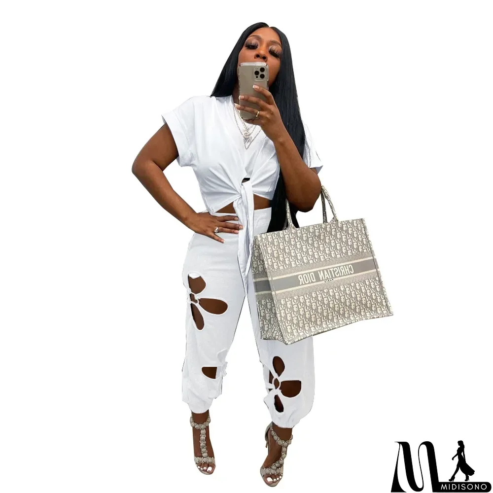 MidiSono - Solid Color Drawstring Cotton Pullover Sunscreen Short Sleeve Hollow Out Irregular Top Two Piece Pants Set