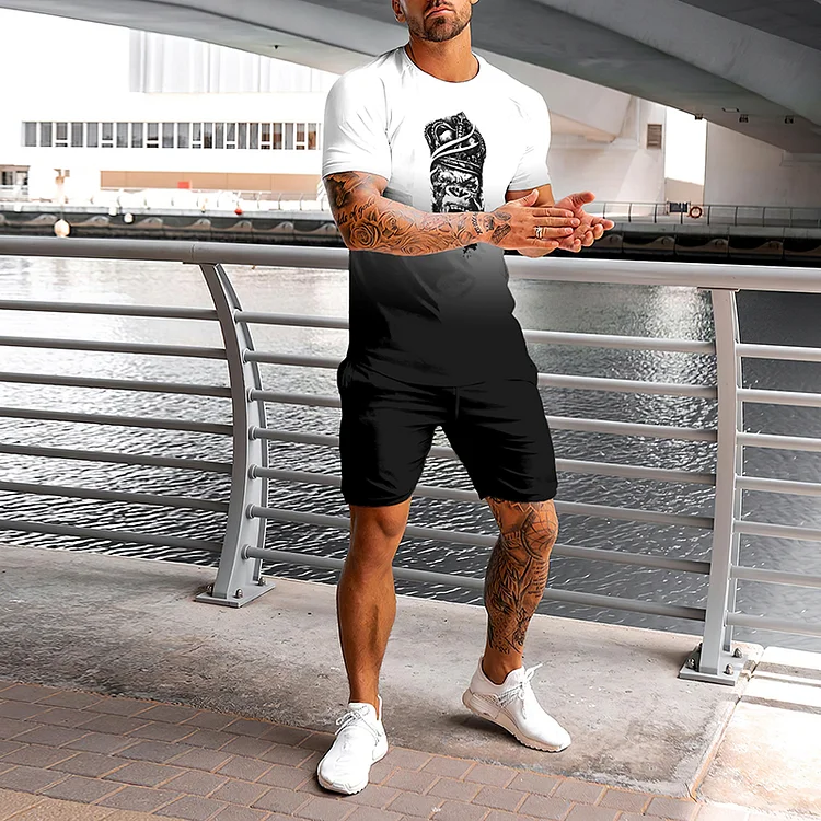 White And Black Gradient Print T-Shirt And Shorts Two-Piece Set