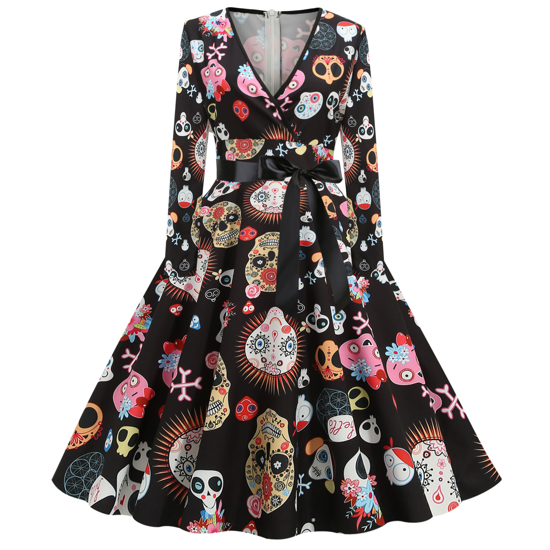 Halloween Women's V-Neck Fashion Neck Waist Print Vintage Dress