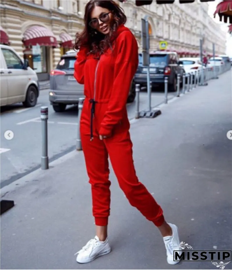 New Fashion Women Sexy Jumpsuit Long Sleeve High Waist Hoodies Street Wear Drawrsing