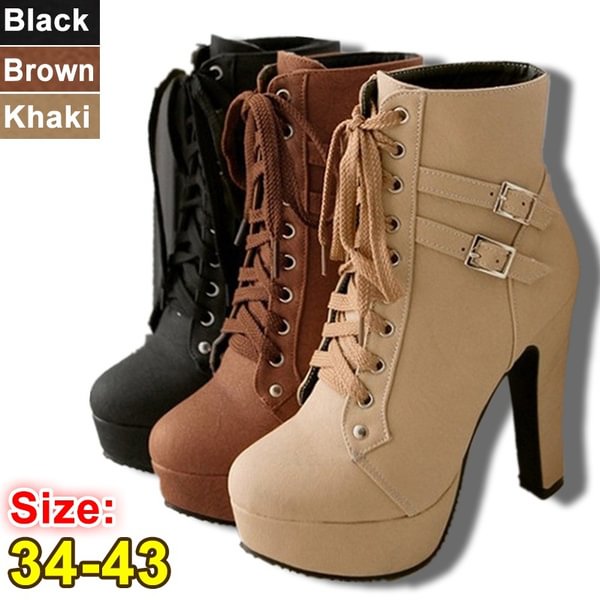 Fashion PU Leather Women Thick High Heel Short Boots Ankle Boots Plus Size 34-43(Please Buy Bigger Size) - Life is Beautiful for You - SheChoic
