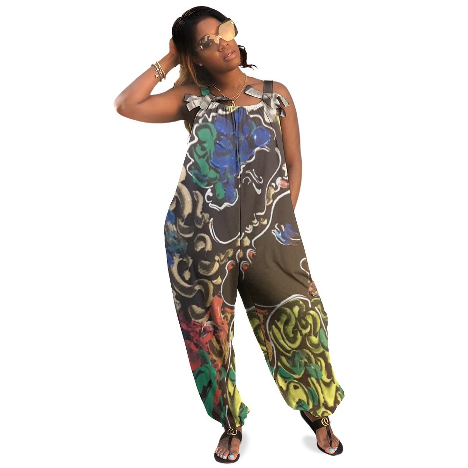Women Plus Size Jumpsuit Summer Loose Harem Pants 60S Peter Max Style Colorful Watercolor Mardi Gras Ruffle Romper Formal Wedding Guest Casual Long Length Polyester Spandex