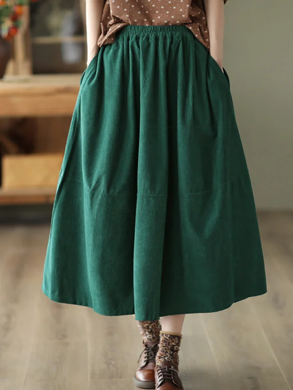 Casual Corduroy A-Line Roomy Pure Color Elastic Waist Skirts