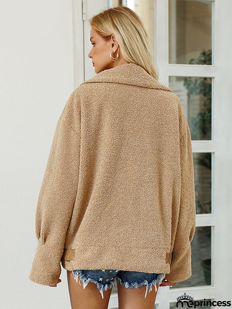 Women Autumn Belts Zipper Turndown Collar Fur Jacket