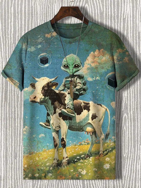 Men's Retro Aliens And Cow Science Fiction Art Print Casual T-Shirt