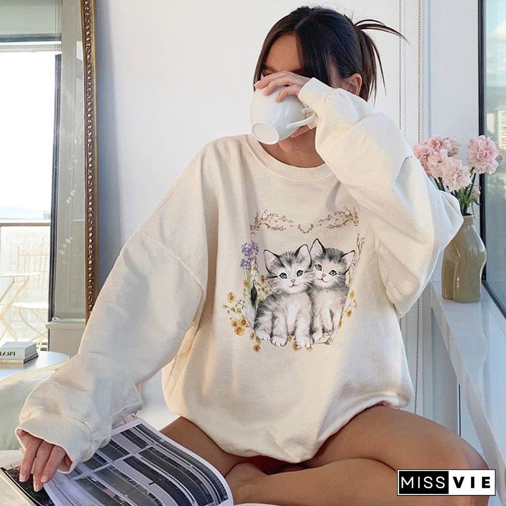 Weekeep Casual Oversized Sweatshirts Women Cute Cat Print Pullover Autumn Long Sleeve Loose Harajuku Streetwear Korean Aesthetic