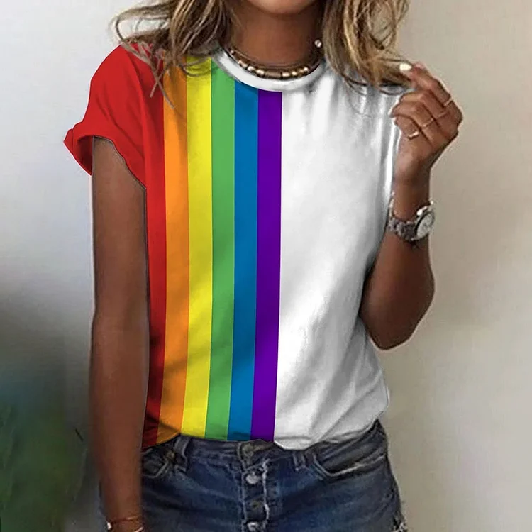 Comstylish Rainbow Print Casual Round Neck T-Shirt