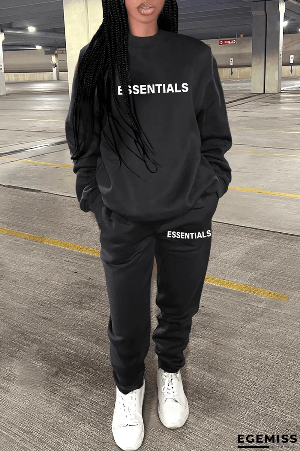 Black Casual Print Letter O Neck Long Sleeve Two Pieces | EGEMISS