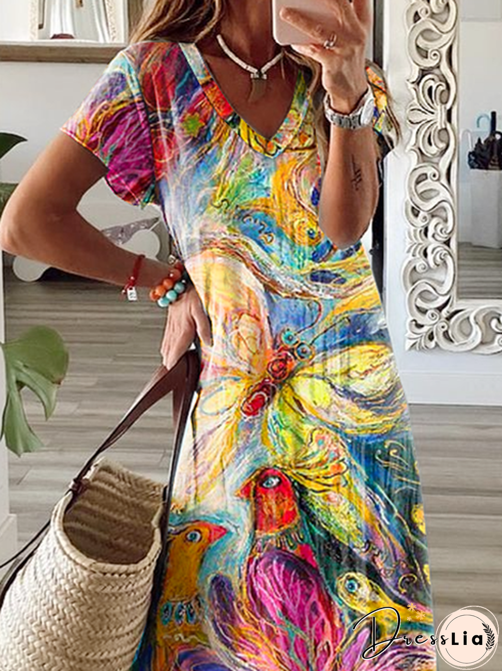Abstract Casual Short Sleeve Shift Knitting Dress