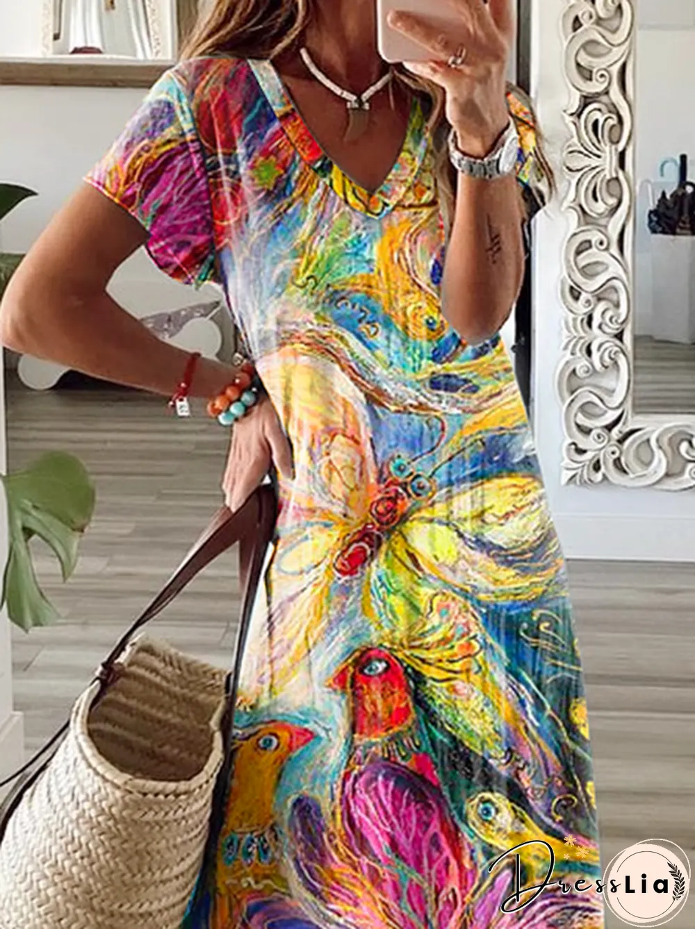 Abstract Casual Short Sleeve Shift Knitting Dress