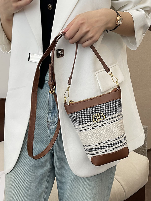 New Linen Canvas Mobile Phone Change Striped Bucket Shoulder Crossbody Bag