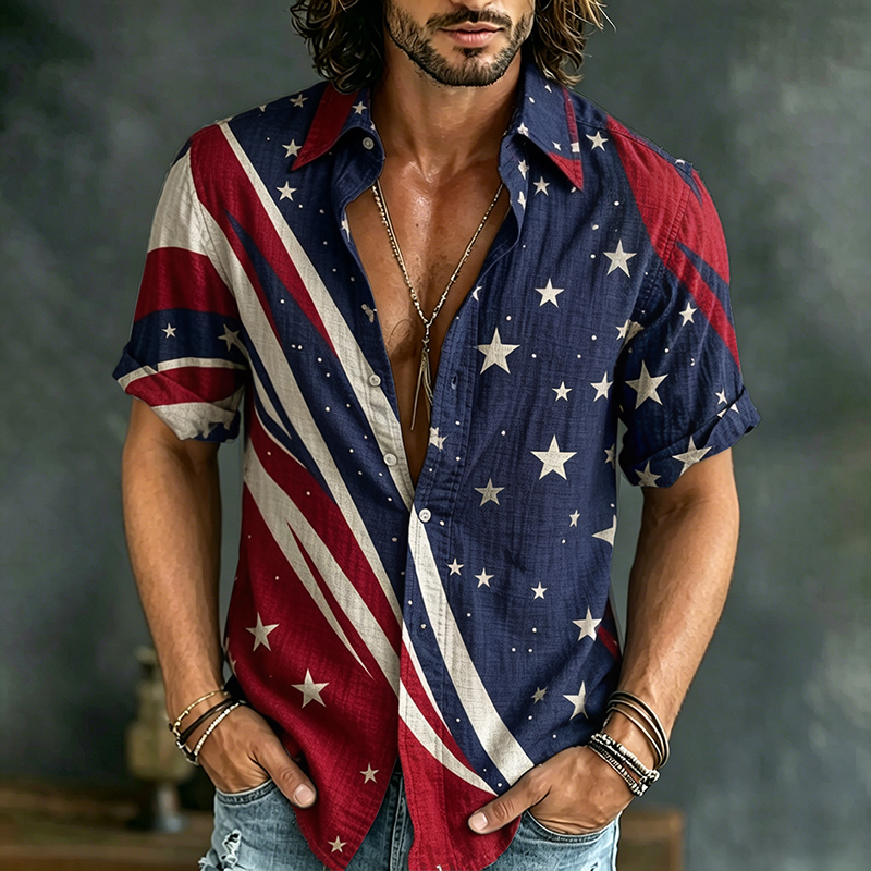  Men's Vintage Flag Art Linen Blend Short Sleeve Shirt Westsshops