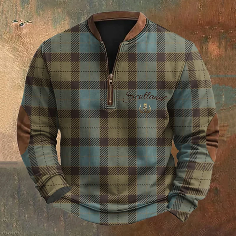 Vintage Scotland Plaid Print Casual Zip Collar Sweatshirt