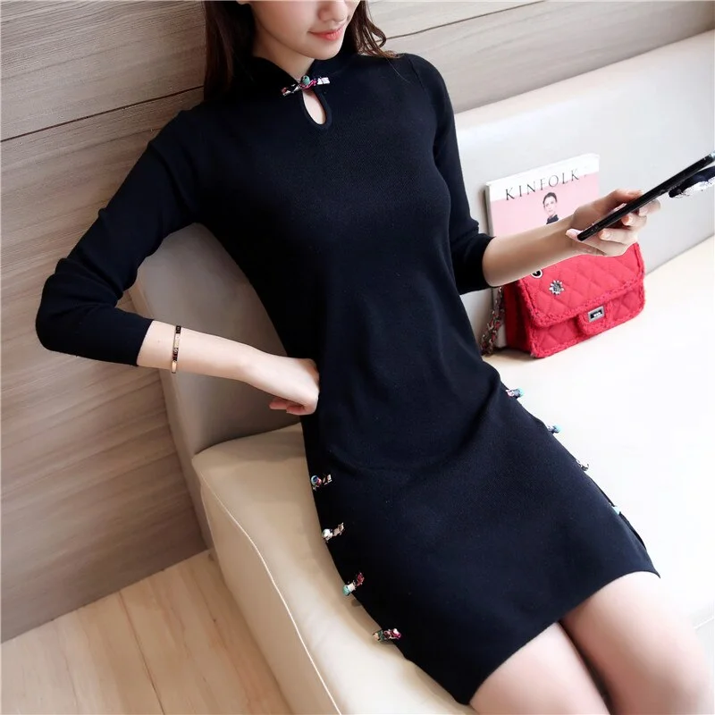Modern Chinese Style Improvement Cheongsam Dresses Long Bridesmaid Dresses Elegant Young Girls Long Sleeves Daily