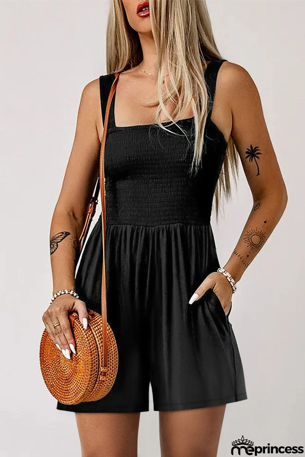 Square Neck Smocked Romper with Pocket