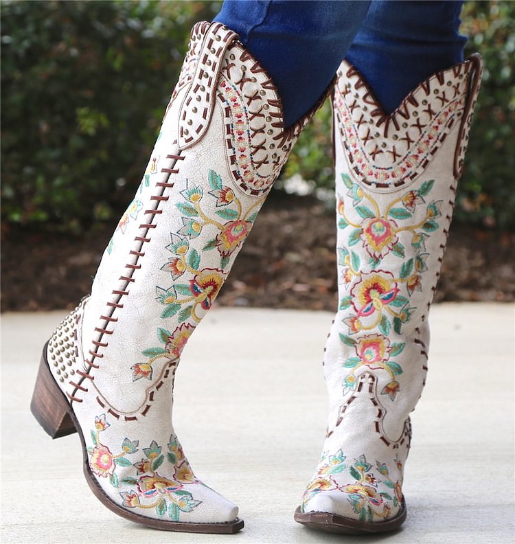 Square Toe Slip-On Floral Chunky Heel Casual Boots -boots